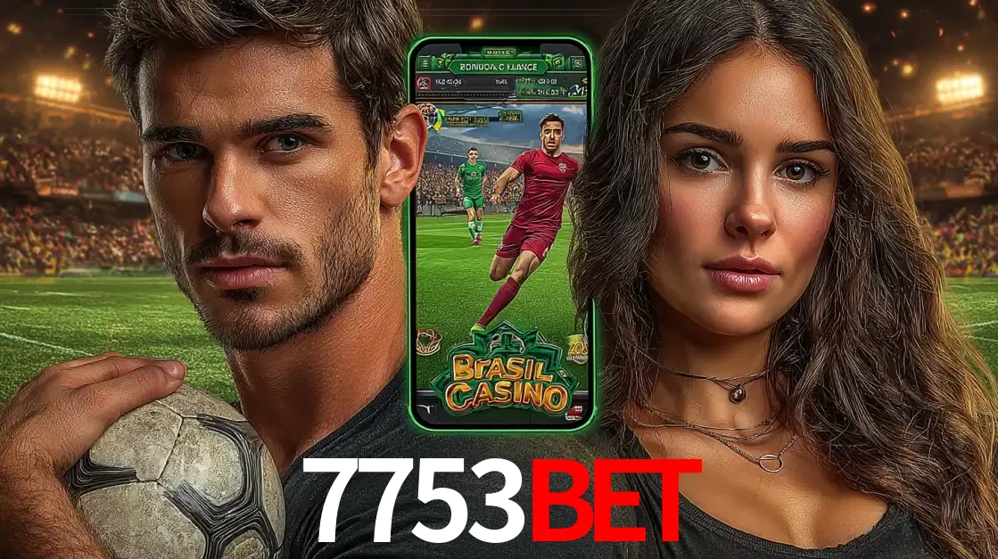 Homem segurando uma bola de futebol e uma mulher ao lado de um smartphone exibindo o jogo de apostas esportivas da 7753bet. Faça seu palpite no cassino online.